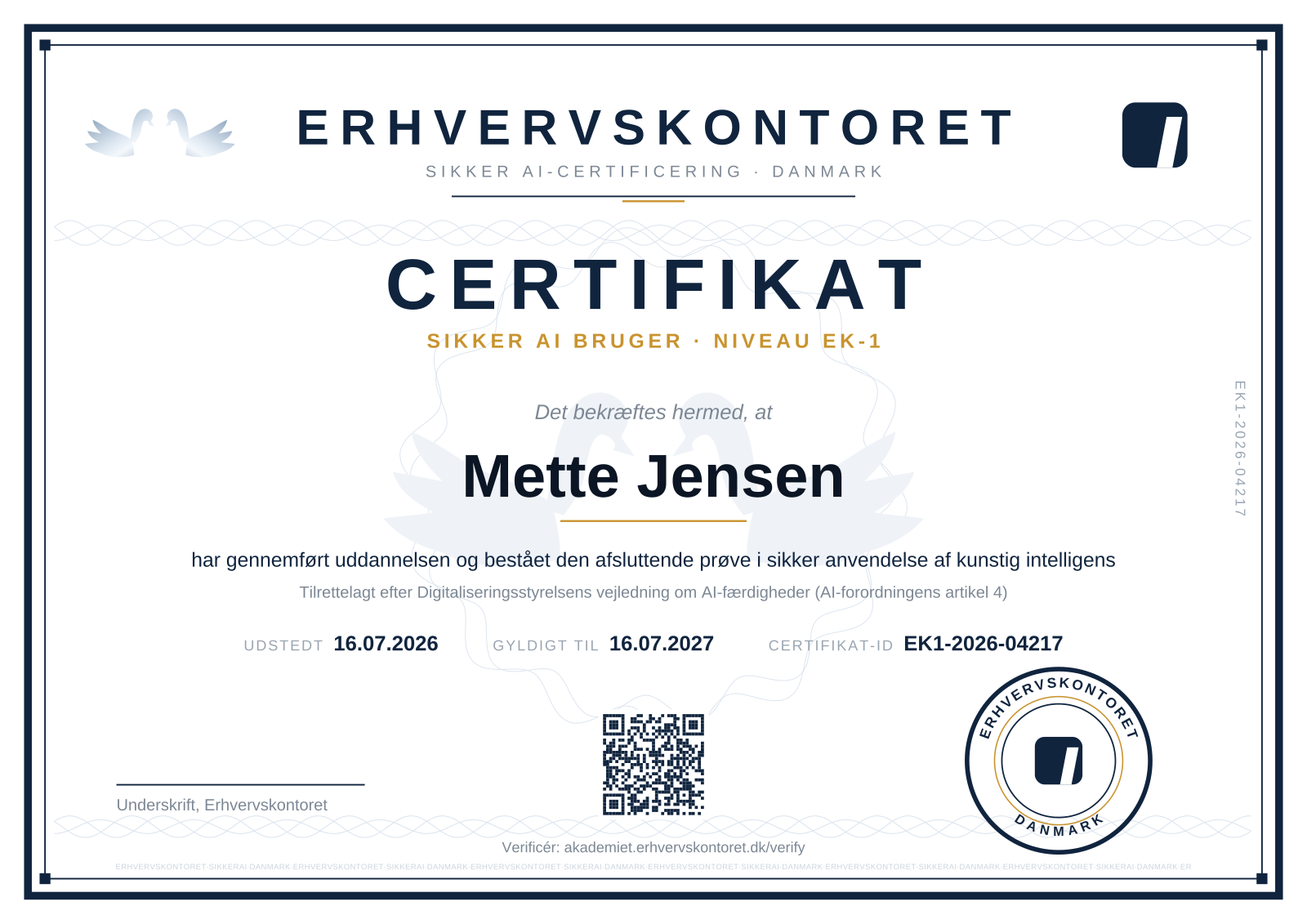 Eksempel på personligt certifikat udstedt af Erhvervskontoret